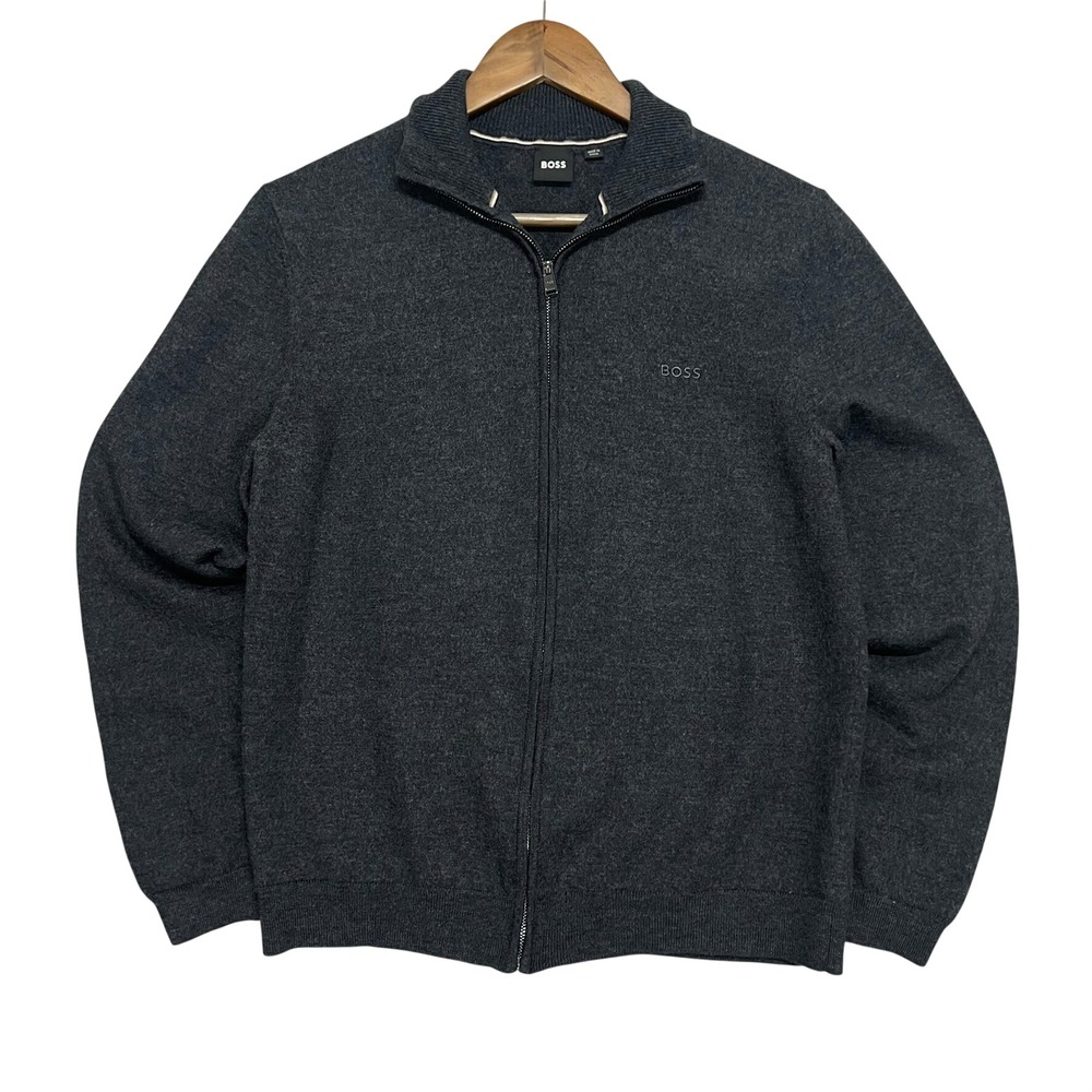 Hugo Boss Mens Virgin Wool Full Zip Sweater Mock Neck Charcoal Gray Size M